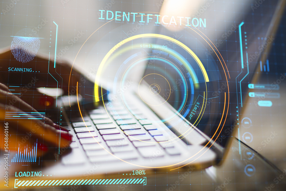 Poster Close up of female hands using laptop with abstract round identification interface on blurry background. Forensic hud and scanner concept. Double exposure.