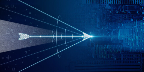 Abstract digital arrow on blue night city background with mock up place for your advertisement. Target and goals achievement concept. Double exposure.