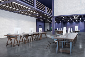 Modern dark concrete coworking office interior with furniture, decorative pot plants and computer monitors. Workplace concept. 3D Rendering.