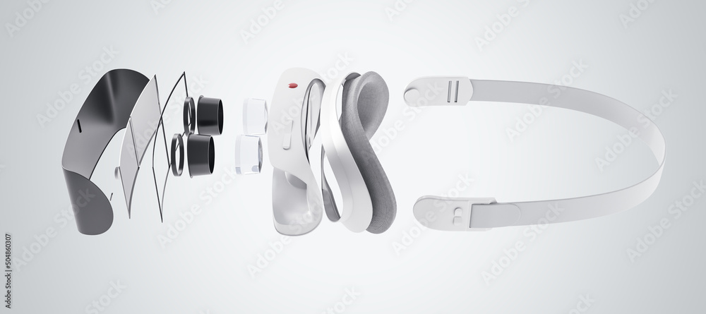 Poster side top view on vr glasses components on light wallpaper, virtual reality concept. 3d rendering