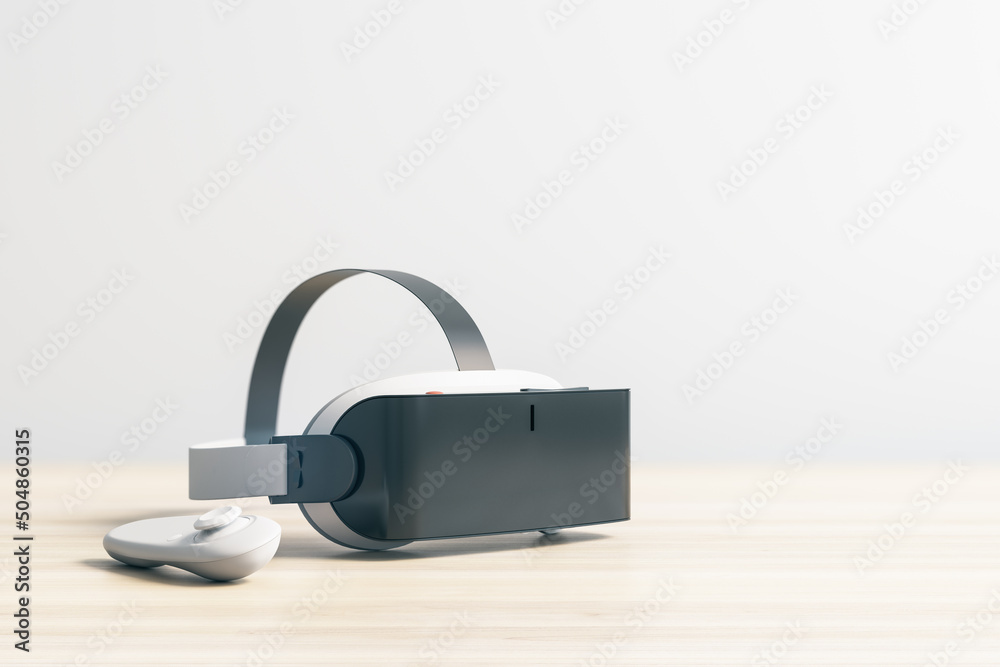 Poster virtual reality and metaverse concept with white and black helmet and joystick on wooden table. 3d r