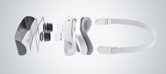 Side top view on VR glasses components on light wallpaper, virtual reality concept. 3D rendering