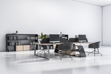 Modern sunny spacious hall with black coworking places and shelves decorated by wood on light glossy floor. 3D rendering