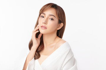 Beautiful young asian woman with clean fresh skin on white background, Face care, Facial treatment, Cosmetology, beauty and spa, Asian women portrait.