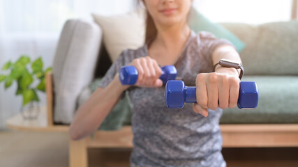 Fototapeta na wymiar Cropped shot active young female in sportswear exercising with dumbbells during fitness workout at home