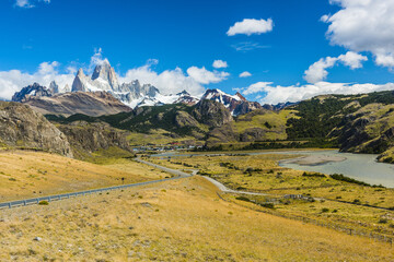 Road to El Chalten and panorama with Fitz Roy mountain at Los Glaciares National Park