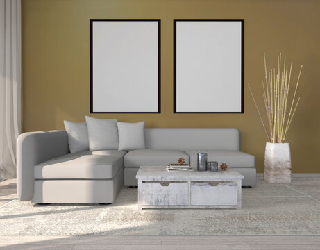 mockup mock up poster frame on wood wall background. scandinavian interior. 3d rendering, image of a picture