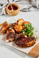 Roasted chicken with spices and herbs on wooden plate. Traditional caucasian food - chicken tabaka. Grilled chicken with bread and sauce on concrete background.