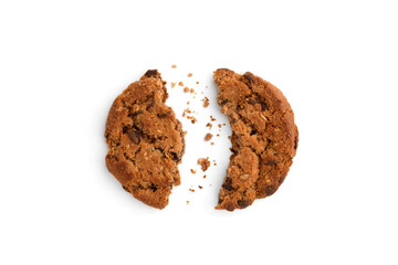 Chocolate chip cookies isolated on white background. American biscuit sweet dessert.