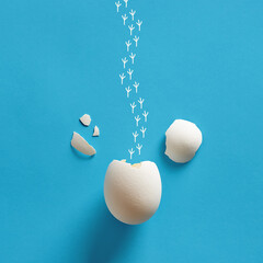 Cracked white chicken egg shell with footprints. Escape, breakout, freedom, birth concepts.