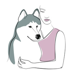 Woman with dog one line drawing on white isolated background