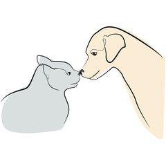 Dog and cat one line drawing on white isolated background