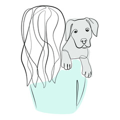 Woman with dog one line drawing on white isolated background