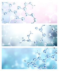 Set of horizontal banners with models of abstract molecular structure
