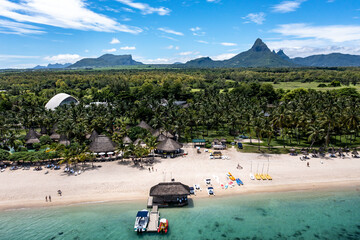 Mauritius, Black River, Flic-en-Flac, Helicopter view of beachside tourist resort in summer