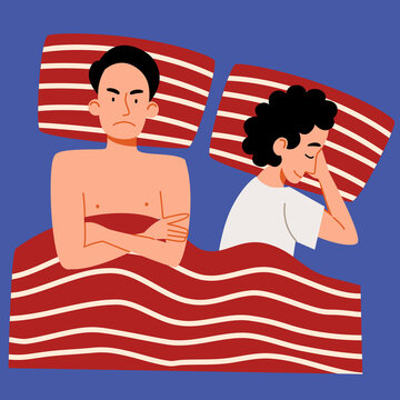 A Couple Of Men Lying In Bed. The Concept Of A Sexual Or Intimate Problem Between Romantic Partners. The Guy Is Angry That He Cant Sleep. Vector Illustration In A Flat Style.