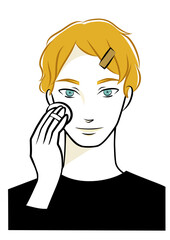 メイクをする白人男性の手描きイラスト（ファンデーション・ベースメイク）