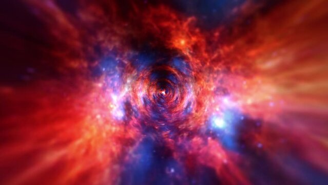 Abstract Interstellar flight, time travel jump in blue orange purple star hyper space burst warp.4K 3D Seamless Loop Hyper Tunnel or Wormhole Science Digital Background. Singularity, gravitational 