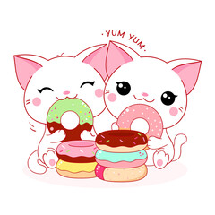 Two cute white cats with donuts. Inscription Yum yum. Kawaii little kitty are happy to eat donut. Friends have picnic. Vector illustration EPS8 - obrazy, fototapety, plakaty