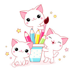 Back to school. Three cute little white cats with pencil and paintbrush. Friends kittens playing with pencils. Vector illustration EPS8 - obrazy, fototapety, plakaty