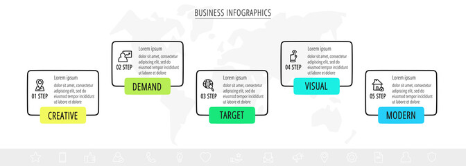 Vector line infographics with 5 rectangles. Business concept graphic process template with five steps and labels. Graphic timeline for step by step, app, website, levels, diagram, presentations