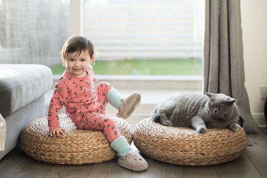 A toddler wearing pink pyjamas, long socks and slippers sits on a wicker stool and lifts her leg while smiling to the camera beside her British Short Hair cat next to a patio door in a house