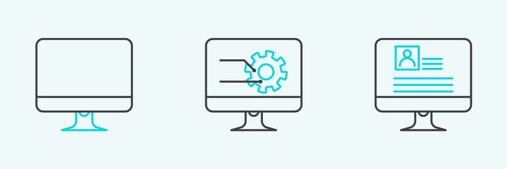 Set line Computer monitor with resume, screen and graph chart icon. Vector