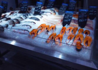 fishmarket ice-shelf with the salmon steaks on foreground