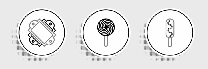 Set line Corn dog, Ticket and Lollipop icon. Vector