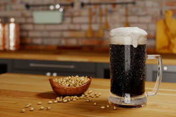 A glass mug of foamy beer with a full cup of pistachios on the table on a blurry background of a loft kitchen with a place for text. Close up dark beer with copy space.