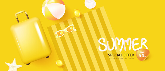 Colorful Summer travel banner background with beach vibes decorate 