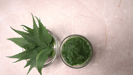Medicinal neem leaves, Azadirachta indica. Used in skin care and beauty products and creams