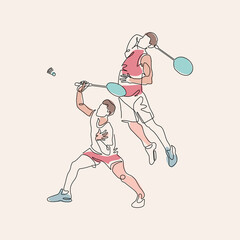 Single continuous one line drawing of mens doubles badminton players. Vector illustration for badminton tournament publication