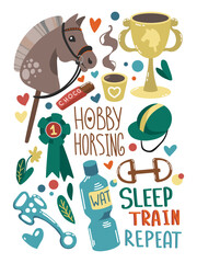 Hand drawing cozy Vector Set of Hobbyhorsing stuff. Horse on stick, cup, hobbyhorse lettering and other use for poster, card, flyers, stickers, rewards, invitation, competition, design