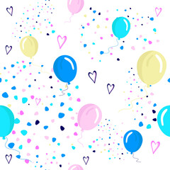 Birthday seamless pattern. Festive, party elements. Inflatable balloons, polka dots and hearts. Graphic design for textiles, wallpapers, packaging.