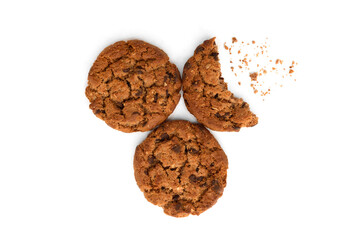 Chocolate chip cookies isolated on white background. American biscuit sweet dessert.