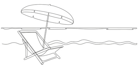 Beach umbrella and chair on beach sea, continuous one line drawing. Beach chaise longue and sunshade for summer holiday. Summertime relax on deck chair on coast of sea. Nature shore. Vector outline