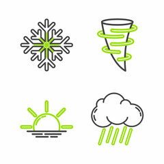 Set line Cloud with rain, Sunrise, Tornado and Snowflake icon. Vector