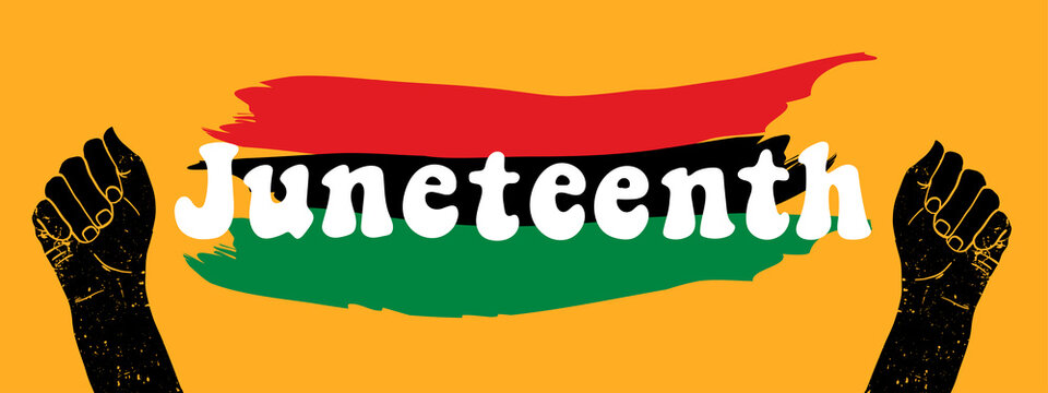 Juneteenth quote decorated with flag and raised hands on yellow background. Good for posters, prints, banners, cards, signs, etc. Black lives mattern theme. EPS 10