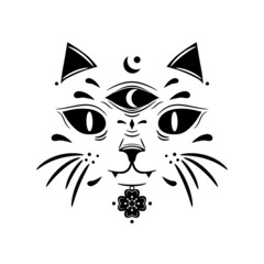 Black mystic face cat three eyes witch magic with moon and flower boho tattoo icon flat vector design.