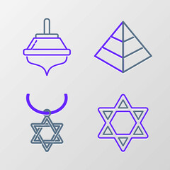 Set line Star of David, necklace on chain, Egypt pyramids and Hanukkah dreidel icon. Vector