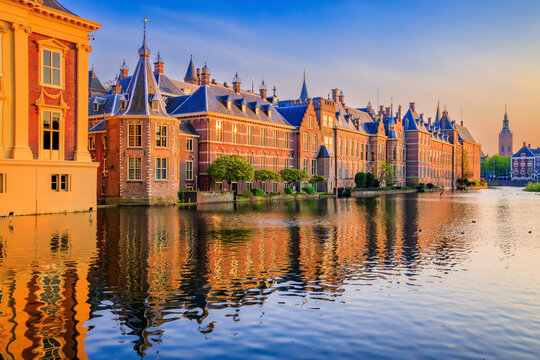 The Hague, Netherlands. Binnenhof castle (Dutch Parliament) in downtown Hague at sunset.