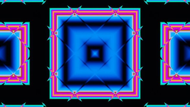 Abstract motion tween of multicolored squares on a black background.