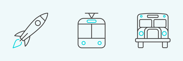 Set line School Bus, Rocket ship with fire and Tram and railway icon. Vector