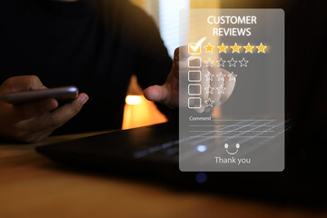 Smartphone user reach out touch click press activate do checkmark, survey customer satisfaction...