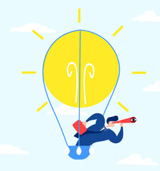 A businessman flies in a balloon to success, looking for money for a new project. Business man illustration.