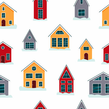 Seamless pattern with Scandinavian style houses. Vector illustration isolated on white background for your design