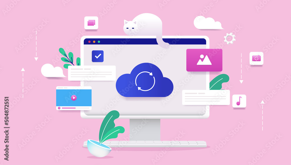 Poster Using cloud service - Computer syncing files to the cloud with decorative design elements in semi flat vector design
