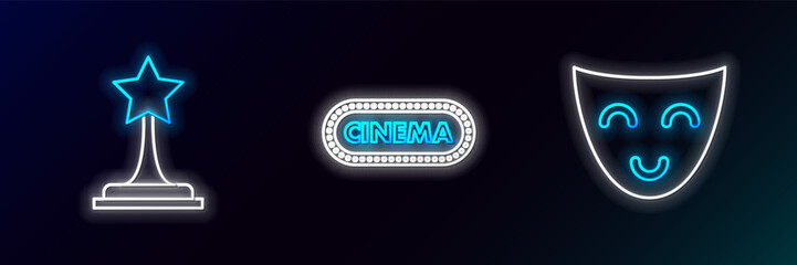 Set line Comedy theatrical mask, Movie trophy and Cinema poster design template icon. Glowing neon. Vector
