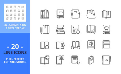 Line icons about book. Pixel perfect 64x64 and editable stroke